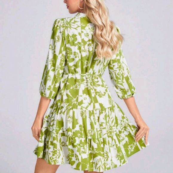 Tiered Button Down Dress With Waist Tie In Green,Bohemian,Western Wear Women - Picture 3 of 4
